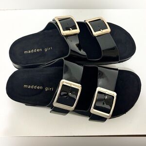 BRAND NEW; never worn Madden Girl Glossy Black Slides with Gold Accents